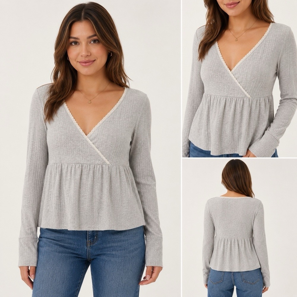 Hollister Gray Ribbed Lace Trim Wrap Front Peplum Top XL, Y2K Cottagecore